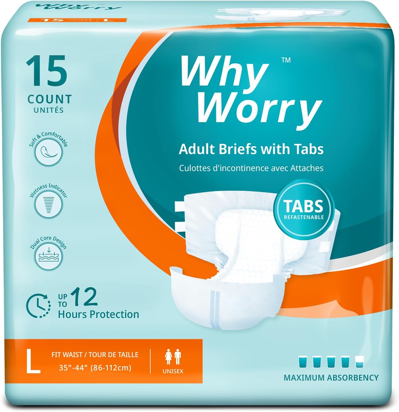 WhyWorry Adult Nappies for Women and Men, Disposable Adult Diapers for Incontinence with Overnight Absorbency, Odor Control, Unisex, Large, 15 Count