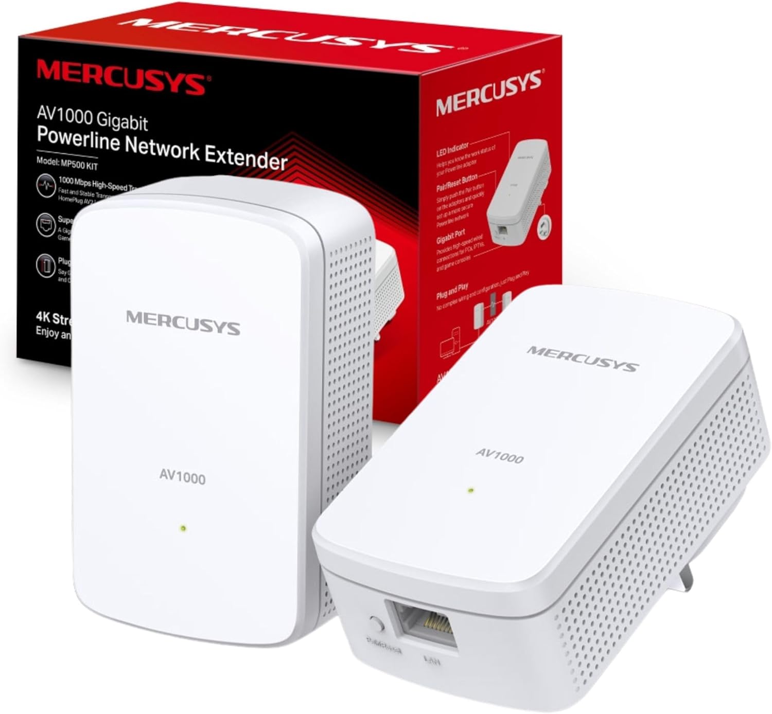 Mercusys MP500KIT AV1000 Gigabit Powerline Adapter Kit, Powerline Network Adapters Speed up to 1000 Mbps, 300 Meters Range, Easy Expansion, No Configuration Required, Package May Vary