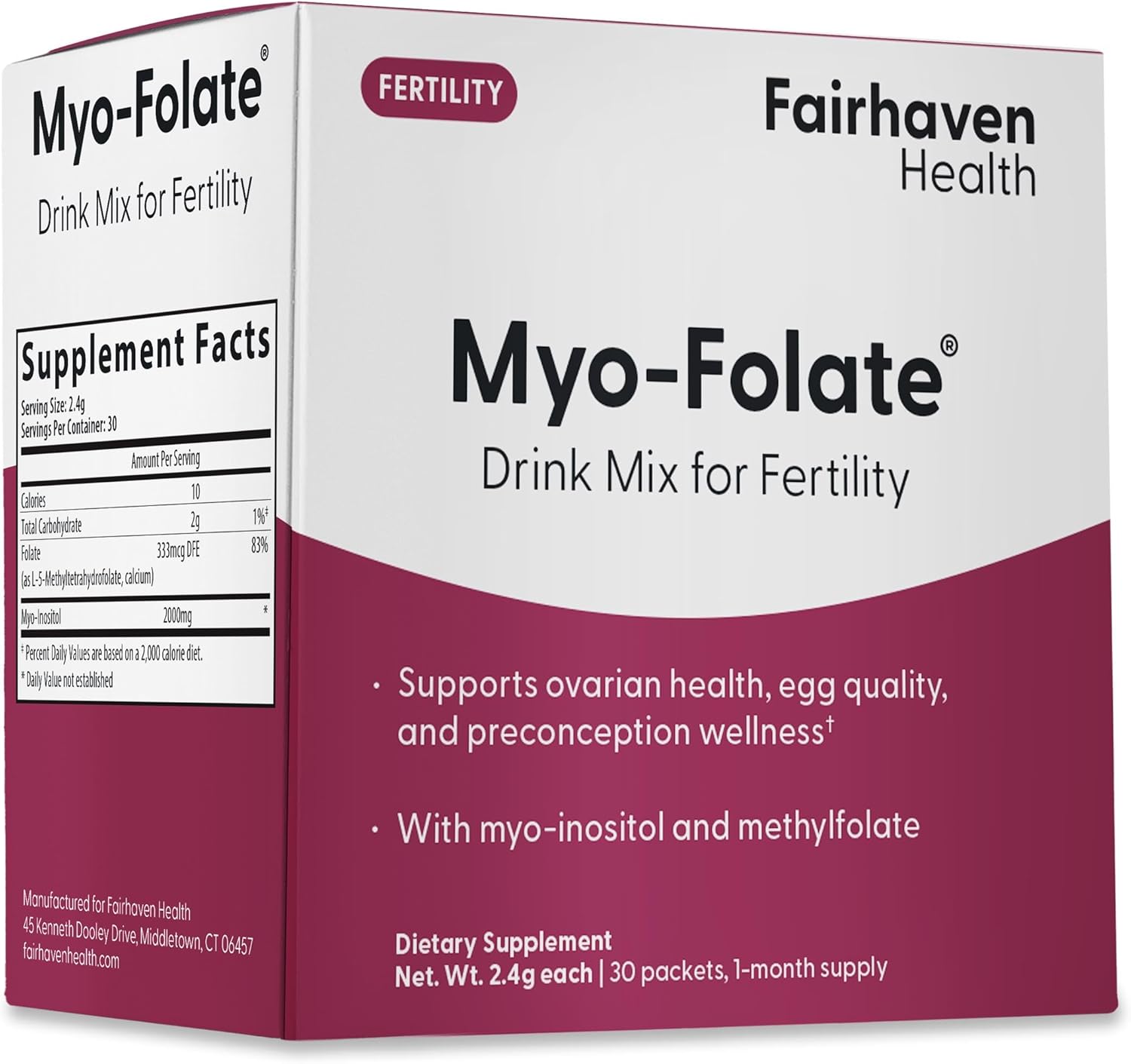 Fairhaven Health Folate and Myo Inositol Powder for Women - 1 Per Day, Female Fertility Supplement, Ovarian Health and Egg Quality - 2000 mg Myo-Inositol and 333 mcg Methylfolate – 30 Stick Packs