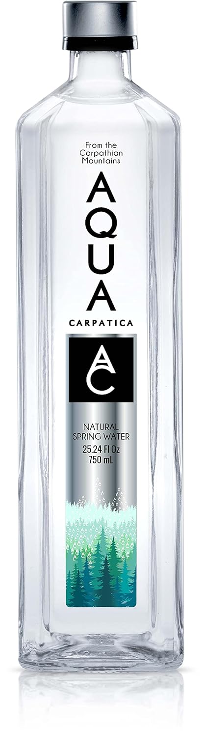 AQUA Carpatica Natural Spring Water with Electrolytes, Artesian Glass Bottled Water, 750 ml / 25.36 oz. (12 Pack)