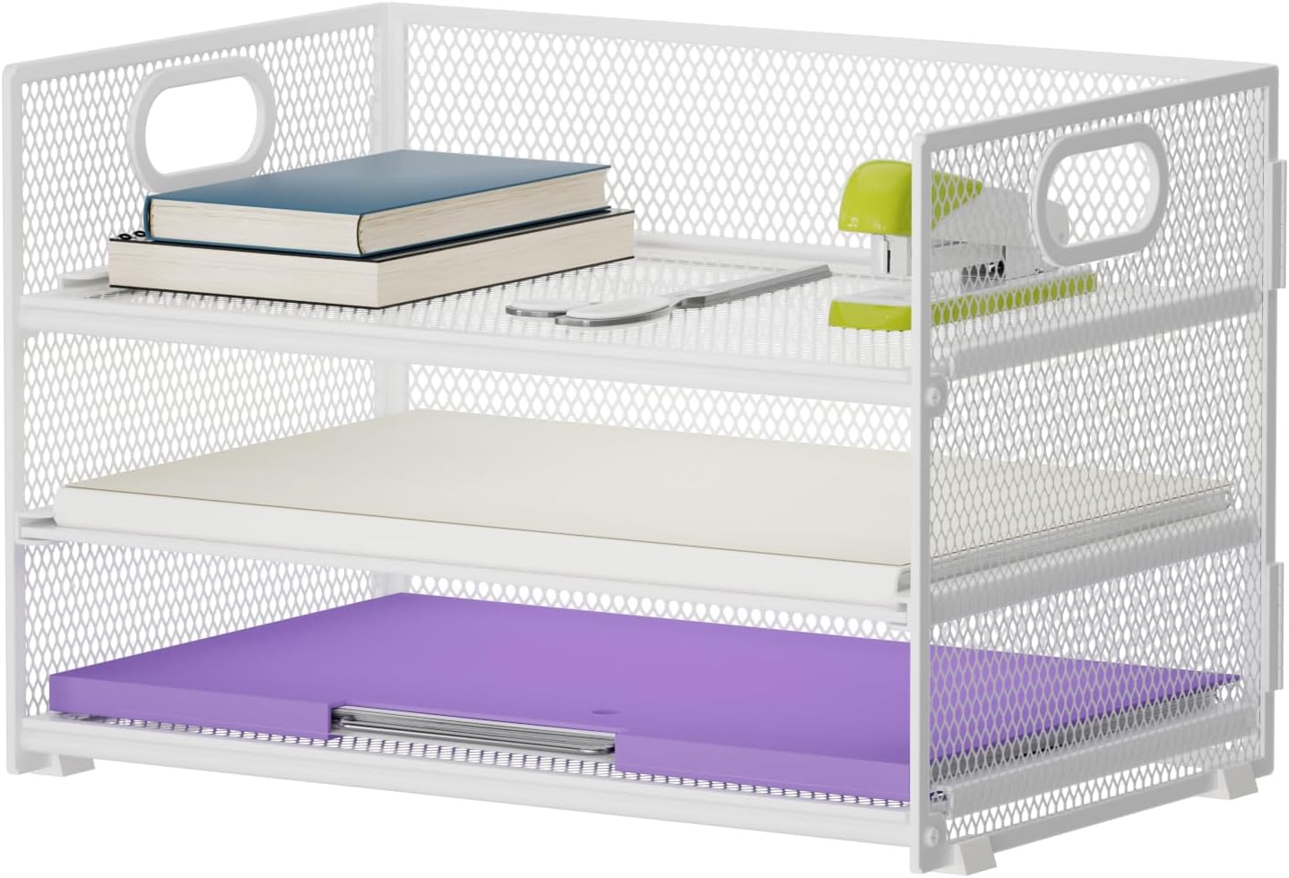 Marbrasse Desk Organiser,3 Tire Letter Paper Tray Organiser with Handle,Mesh Desk Organiser Tray for A4 File,Home Office Supplies (White)