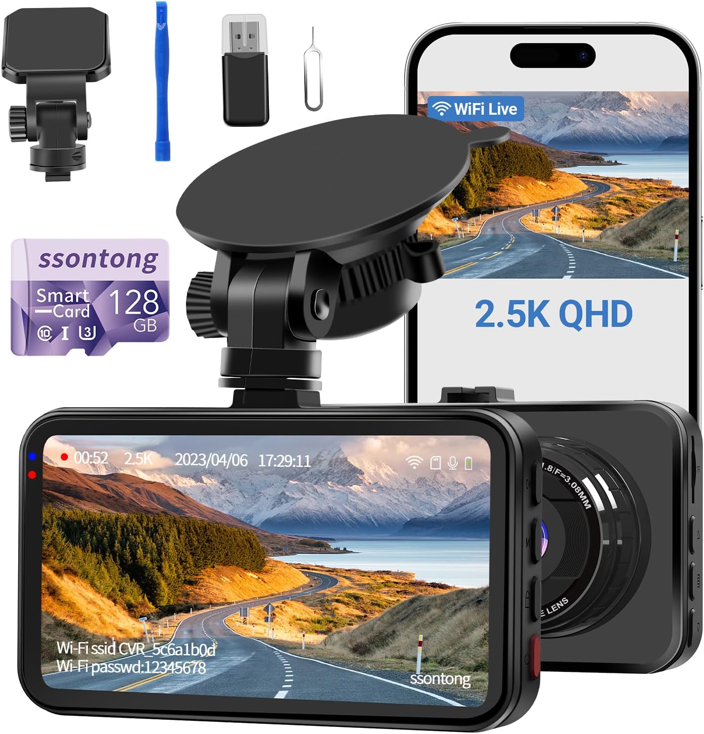Dash Cam WiFi, Car Camera Dash Cam with 128GB Card Dashcam 2.5K QHD 1440P Dashcam Front, Dash Cameras W/APP, Night Vision, 170° Wide Angle, G-sensor, Parking Monitor for Cars, Max Support 256G