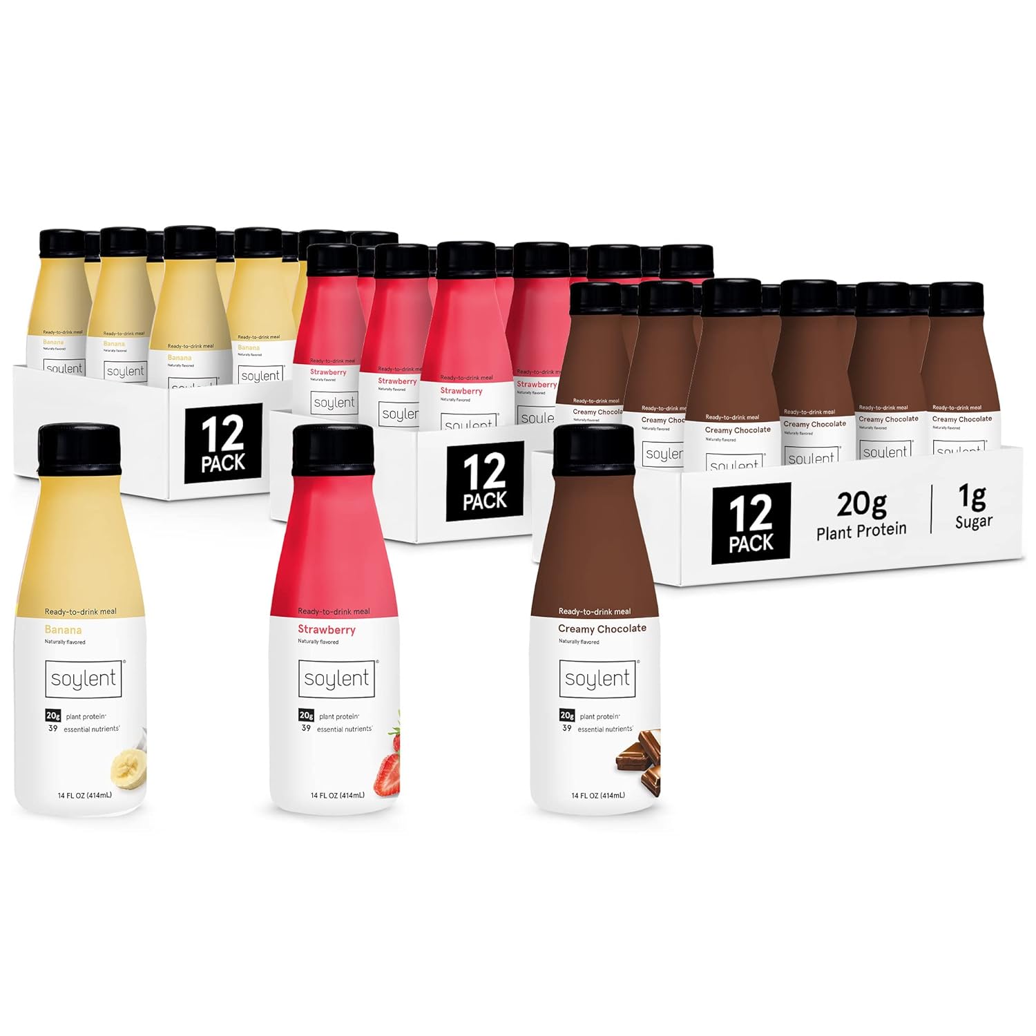 Soylent Meal Replacement Shake Banana Split Bundle - Creamy Chocolate, Banana and Strawberry, 14oz - 36 bottles