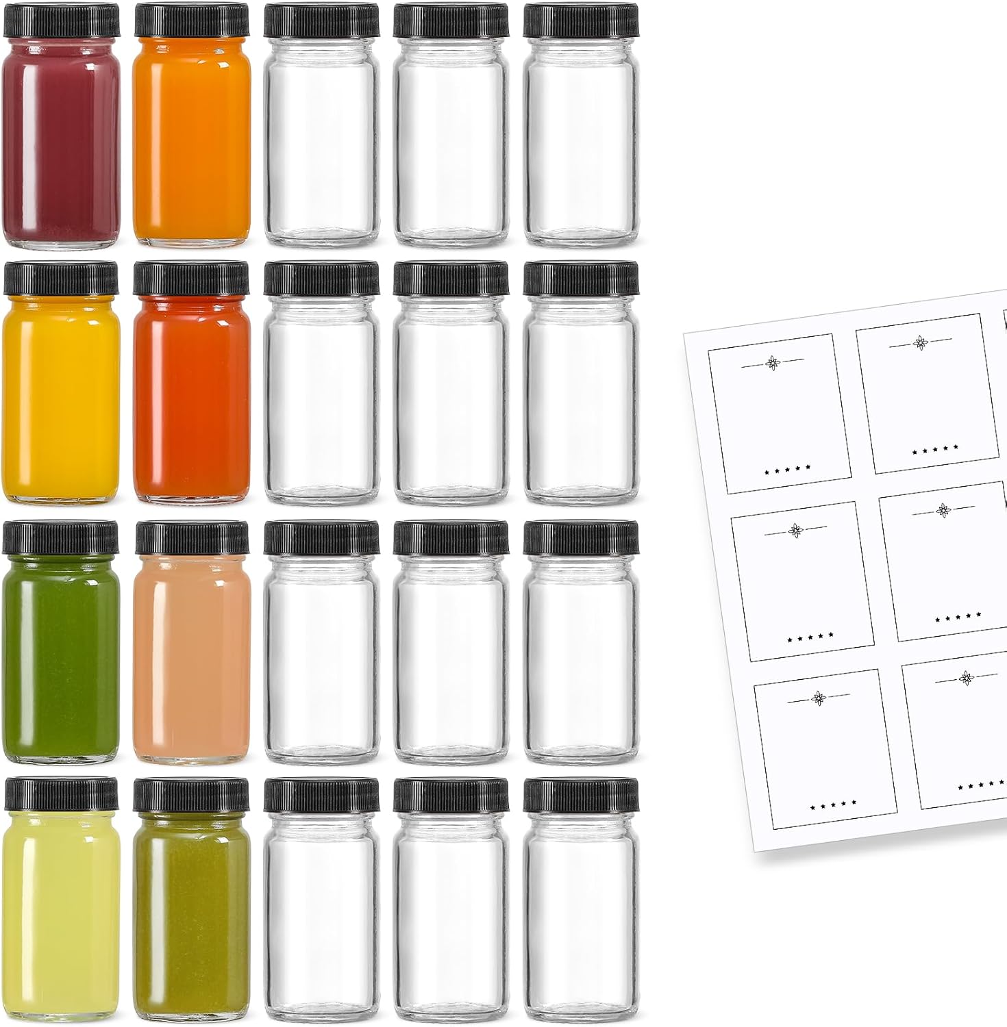 20 Pack 2 oz Glass Shot Bottles w/ Black Lids & 20 Labels - Small Clear Jar for Ginger, Wellness Shot, Juice, Sample, Whiskey - Travel Essentials Mini Bottles - Wide Mouth, Leakproof, Dishwasher Safe