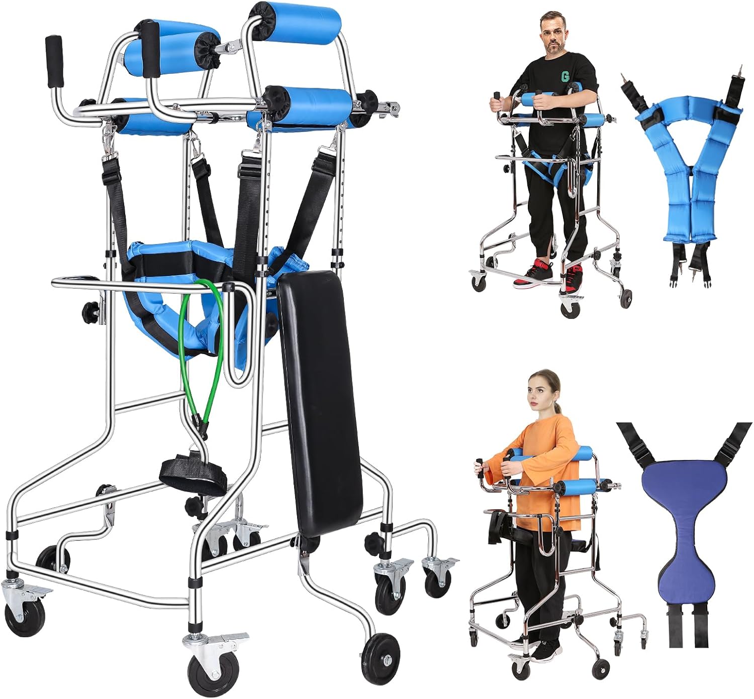 Adult Standing Walker for Seniors, Hemiplegia Standing & Lower Limb Training, Upgraded Double Pads, 8 Wheels Anti-Tilt Mobility Aid, Fits 58-71 in, withstands 220 lbs