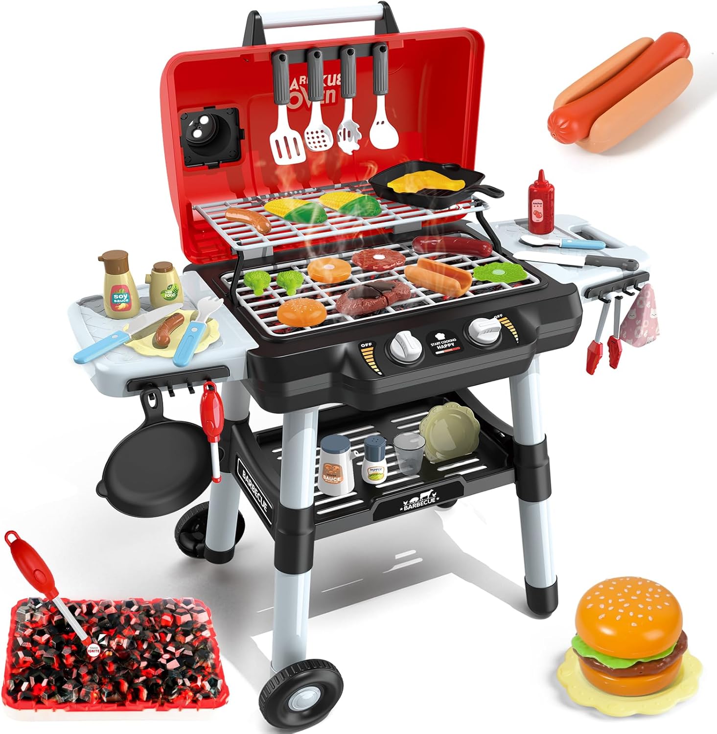 Kids Play Kitchen Toys, Kids BBQ Grill Playset with Smoke Sound Light, 2-Layer Barbecue Toy with Wheel, Outdoor Play Grill Toys for Toddlers 3-5, Play Food Toys Cooking Set, Birthday Gift for Boy Girl