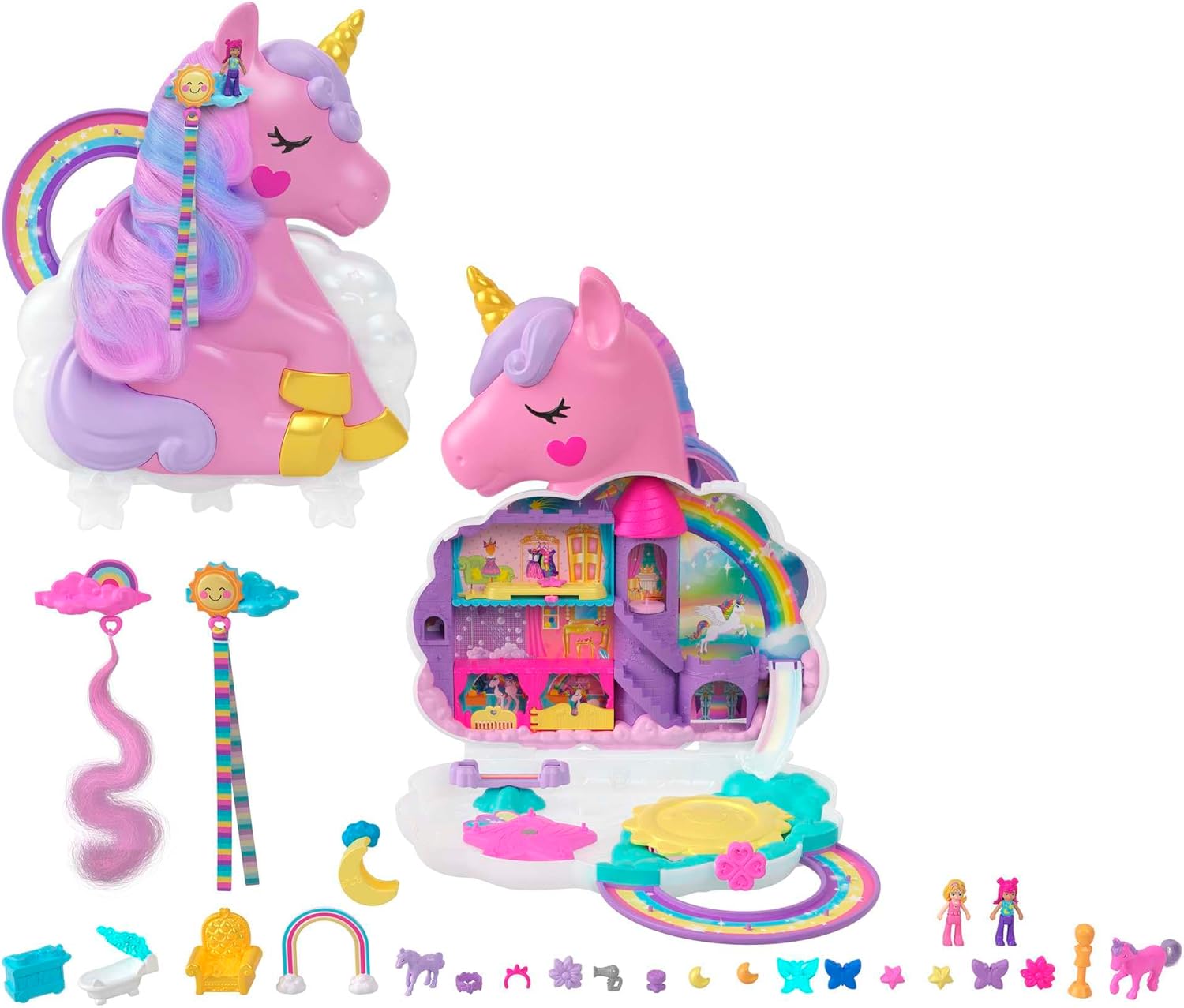 Polly Pocket Mini Toys, Rainbow Unicorn Salon Styling Head and Playset with 2 Micro Dolls, 20+ Accessories and Moving Features, HMX18