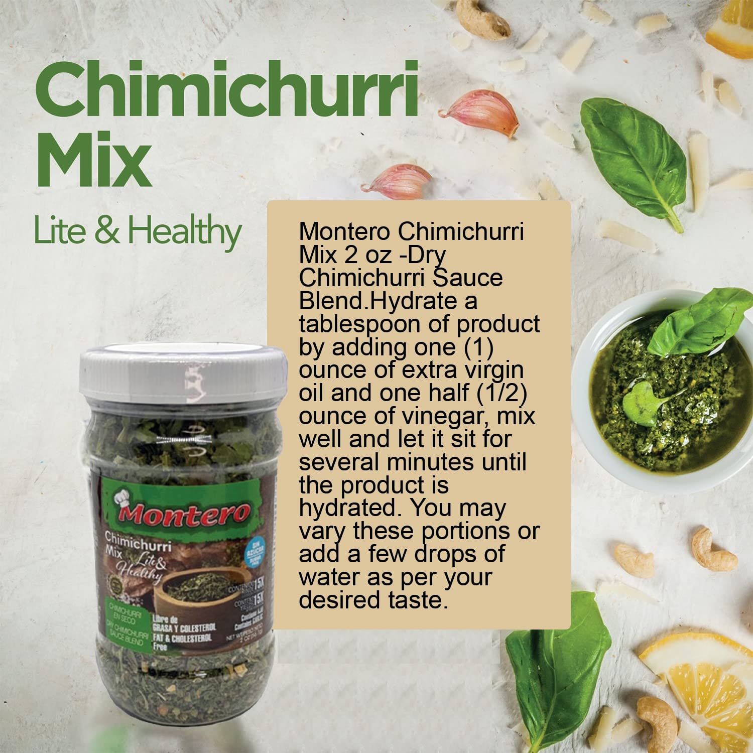 Montero Chimichurri Mix 2oz - Dry Chimichurri Sauce Blend - Fat & Cholesterol Free - Sugar Free - Lite & Healthy