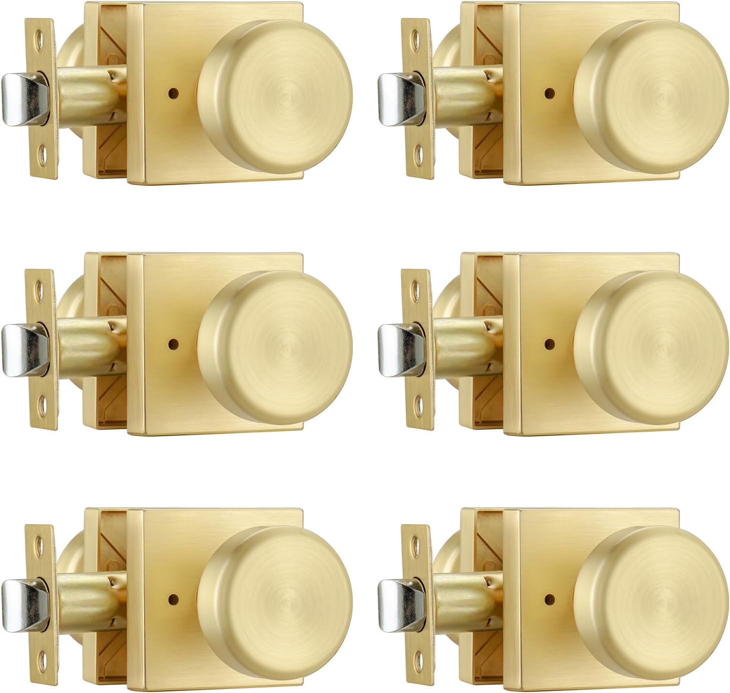 Gold Door Knob with Square Rosette, 6 Pack Bathroom Door Knobs