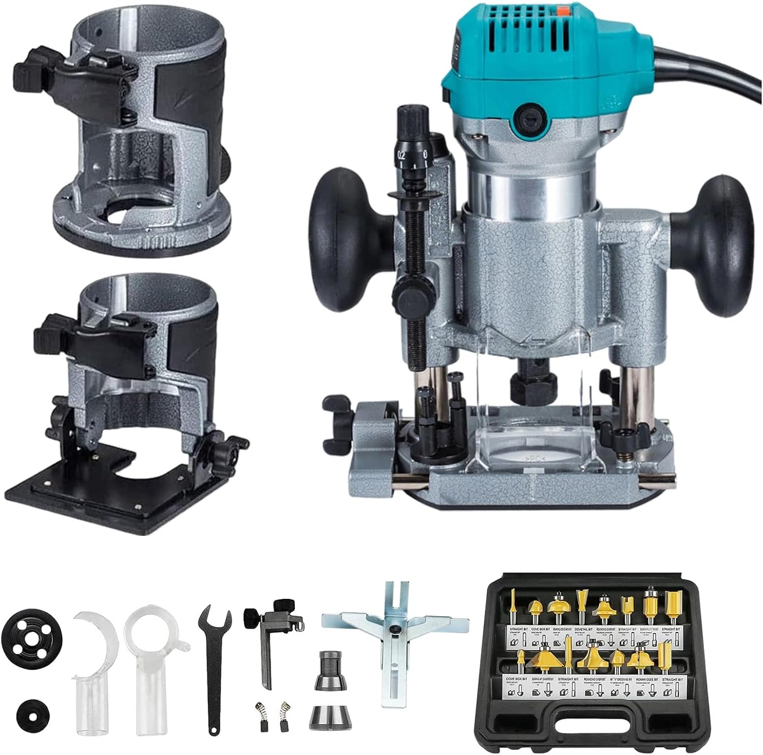 Woodworking Router with Trimmer Base, Tilt Base & Plunge Base - Compact Palm Router Multifunctional Kit + 15pcs 1/4" Router Bits, Electric Hand Laminate Trimmer Set Wood Routing Trimming