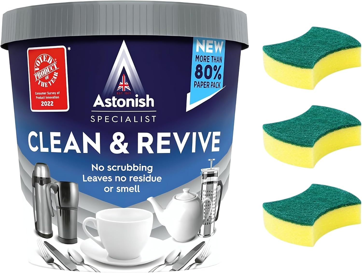 Stain Remover Bundle - Includes Astonish Clean and Revive Stain Remover 350g and 3 pcs Amara Scrub Sponges for Washing Up - Powerful Tea Stain Remover for Cups, Teapots, and Kitchenware