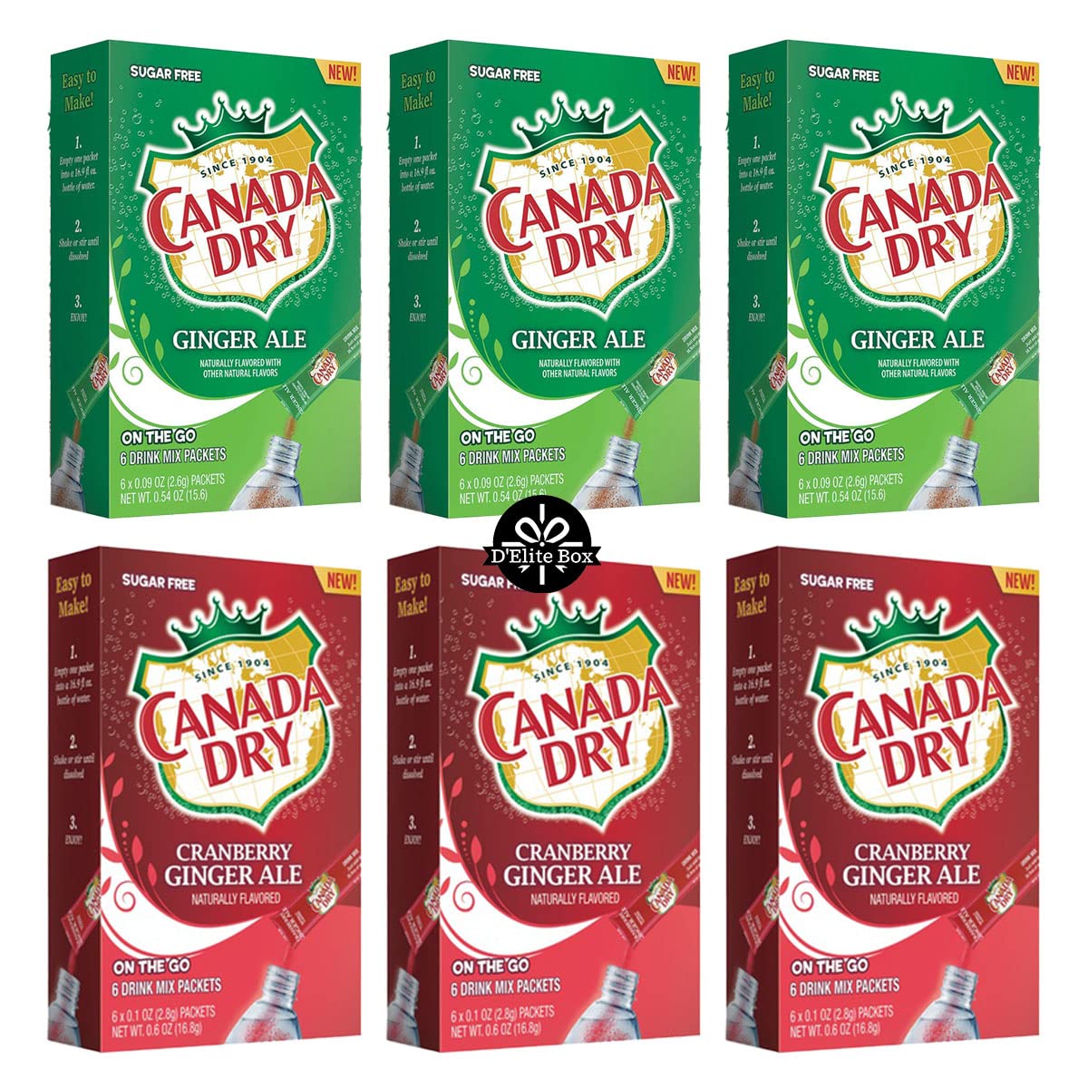 Canada Dry Ginger Ale Powdered Drink Mix 6 Boxes of 6 packets with 3 Boxes each of Original and Cranberry flavor for Total 36 Sticks bundle packaged by D'Elite Box