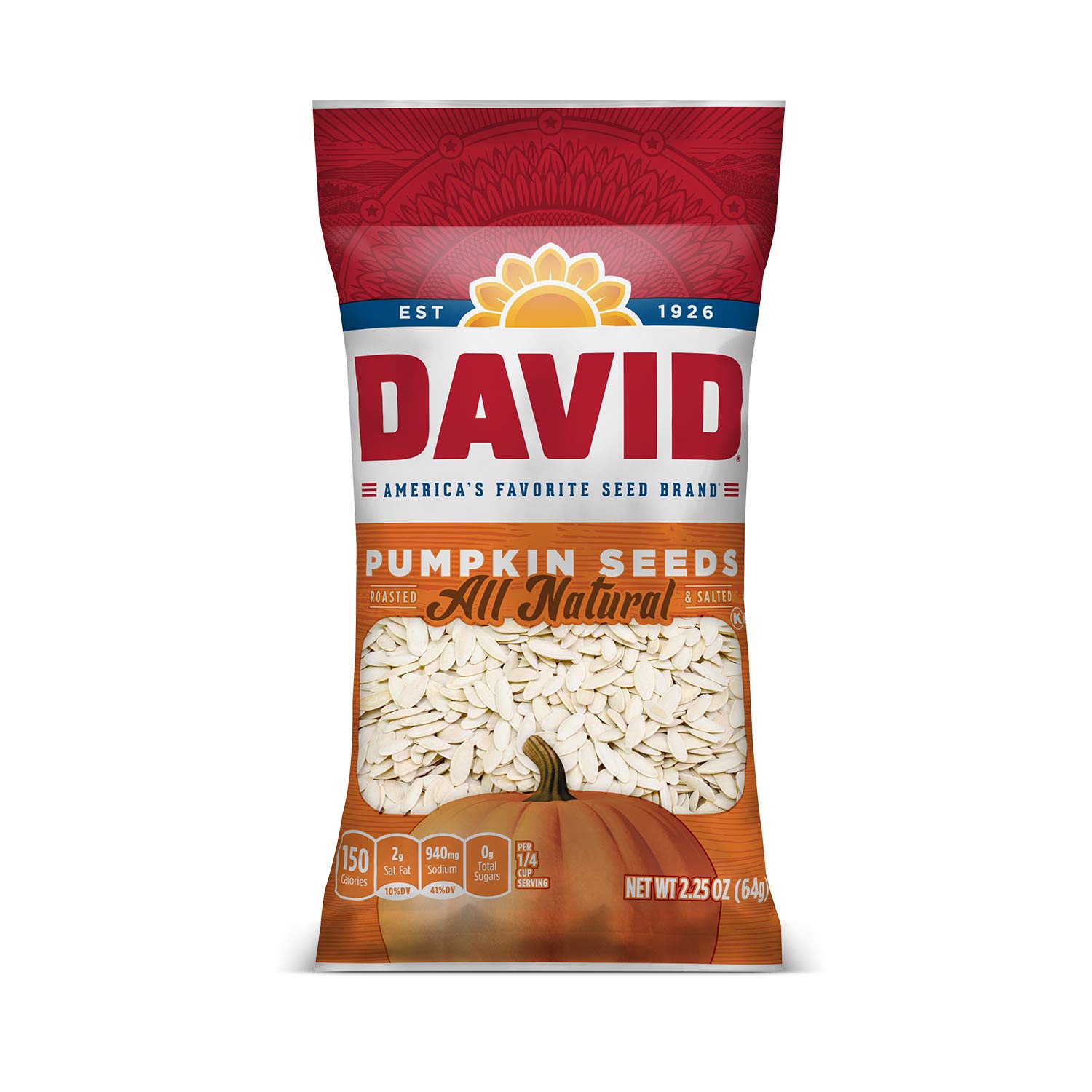 DAVID Roasted and Salted Pumpkin Seeds, 2.25 oz, 12 Pack