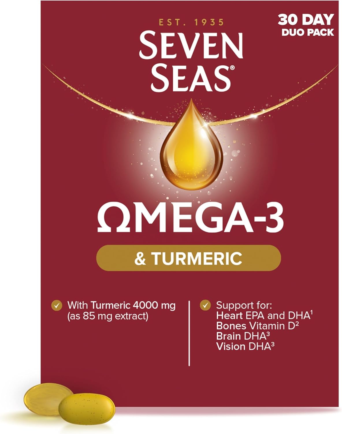 Seven Seas Omega-3 Fish Oil and Turmeric, Omega-3 Plus Vitamin D for Whole Body Healthplus, Duo Pack: 30 Capsules Plus 30 Tablets, 1 Month Supply