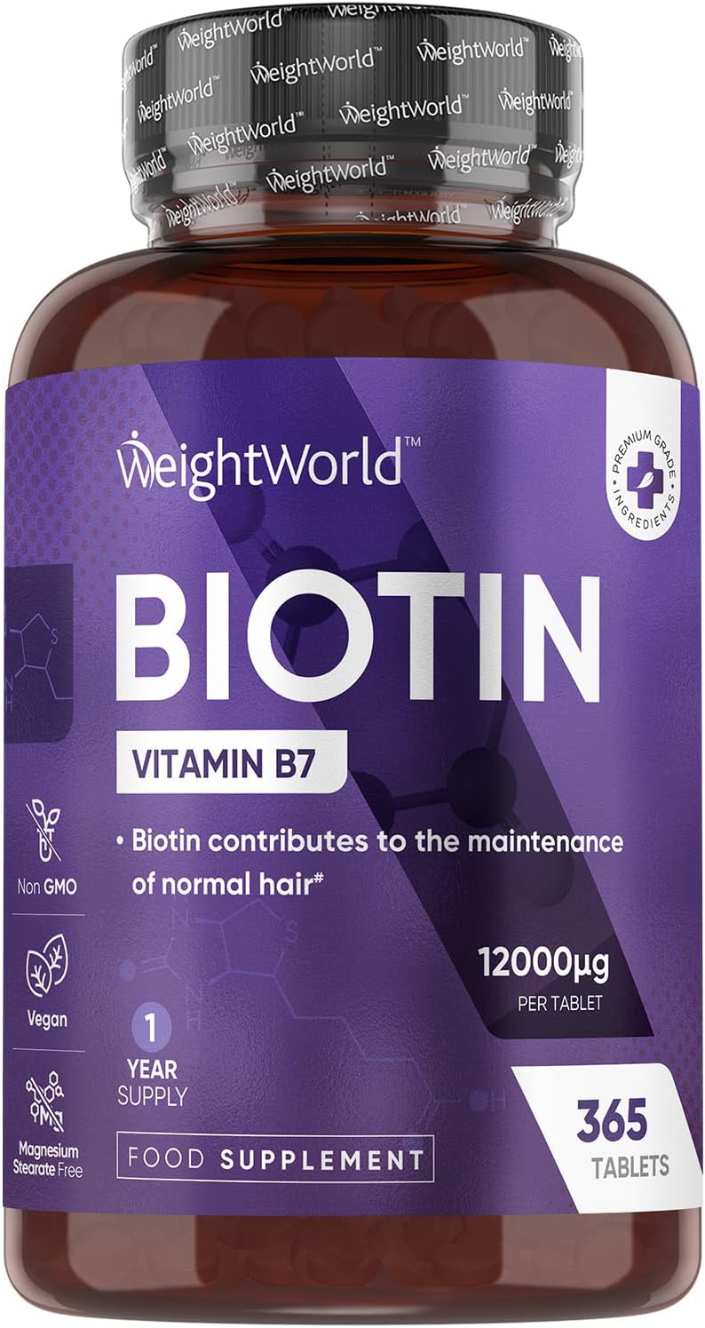 Biotin Tablets - 365 Vegan Tablets - 1 Year Supply - 1 Tablet-a-Day - 12000mcg Biotin Supplements - Vitamin B7 Supplement - Travel-Friendly - Non-GMO & Magnesium Stearate-Free