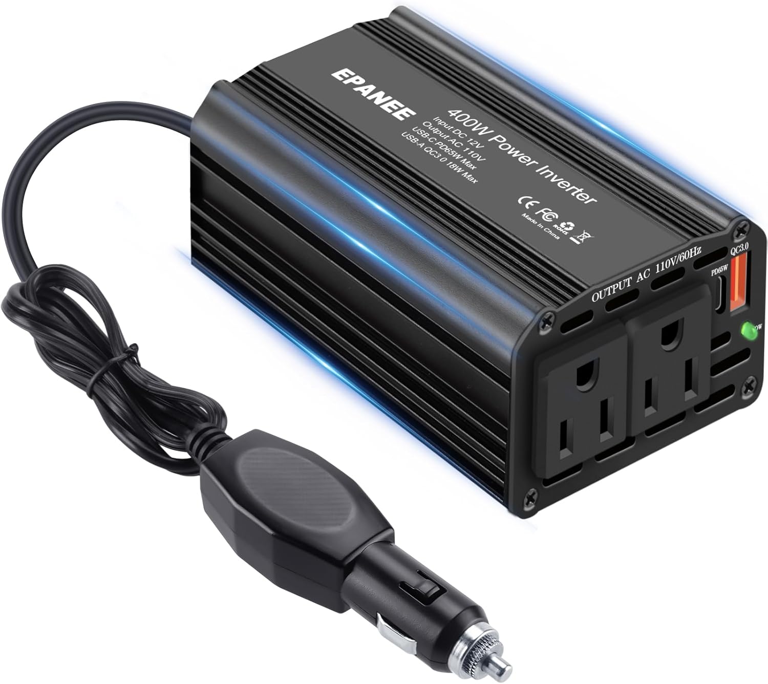 400W Power Inverter 12V DC to 110V AC, Car Charger Plug in Adapter Outlet with PD 65W USB-C&QC 18W Port, Portable Power Converters for Laptop Vehicles Camping Road Trip Essentials Adults-Black