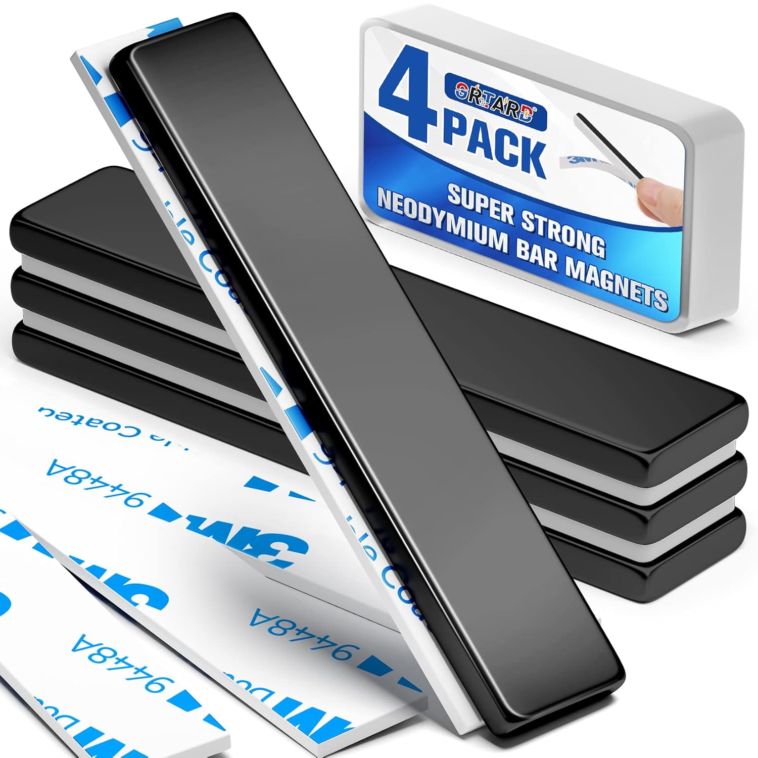 Grtard 4 Pack Neodymium Magnets, Strong Magnet, 60 x 10 x 3 mm Rare Earth Magnets, Extremely Powerful Bar, Fridge Magnetic Strips with Double-sided Adhesive for Multi-Use (4 Pack Black)