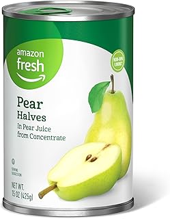 Amazon Fresh Brand, Canned Pear Halves in Pear Juice from Concentrate, 15 Oz (Previously Happy Belly, Packaging May Vary)