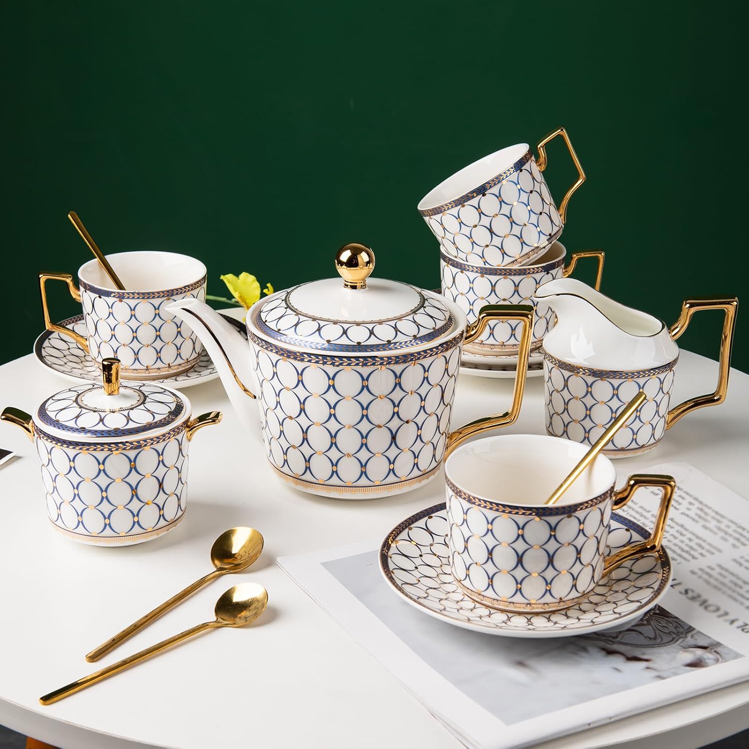 CwlwGO-15 Piece European Bone China Tea Cup Sets, Elegant Porcelain Tea Cups and Saucers Service for 4,with Teapot Sugar Bowl Cream Pitcher for Tea/Coffee,Gifts Set for Adults.