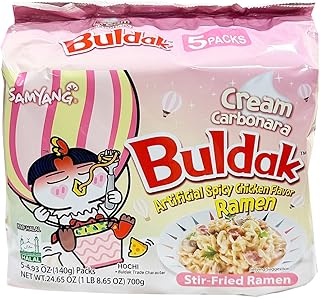 Samyang Buldak Hot Spicy Chicken Flavor Ramen,Korean Stir-Fried Instant Package Noodle Cream Carbonara,1 Bag with 5 Pack,4.93 OZ