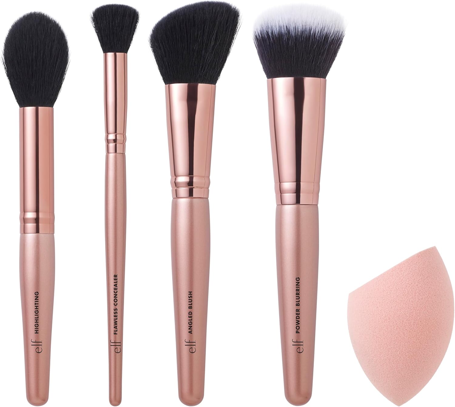 e.l.f. Cosmetics Complexion Essentials Brush & Sponge Set, Concealer, Powder, Blush & Highlighter Brushes & Total Face Sponge For A Perfect Complexion