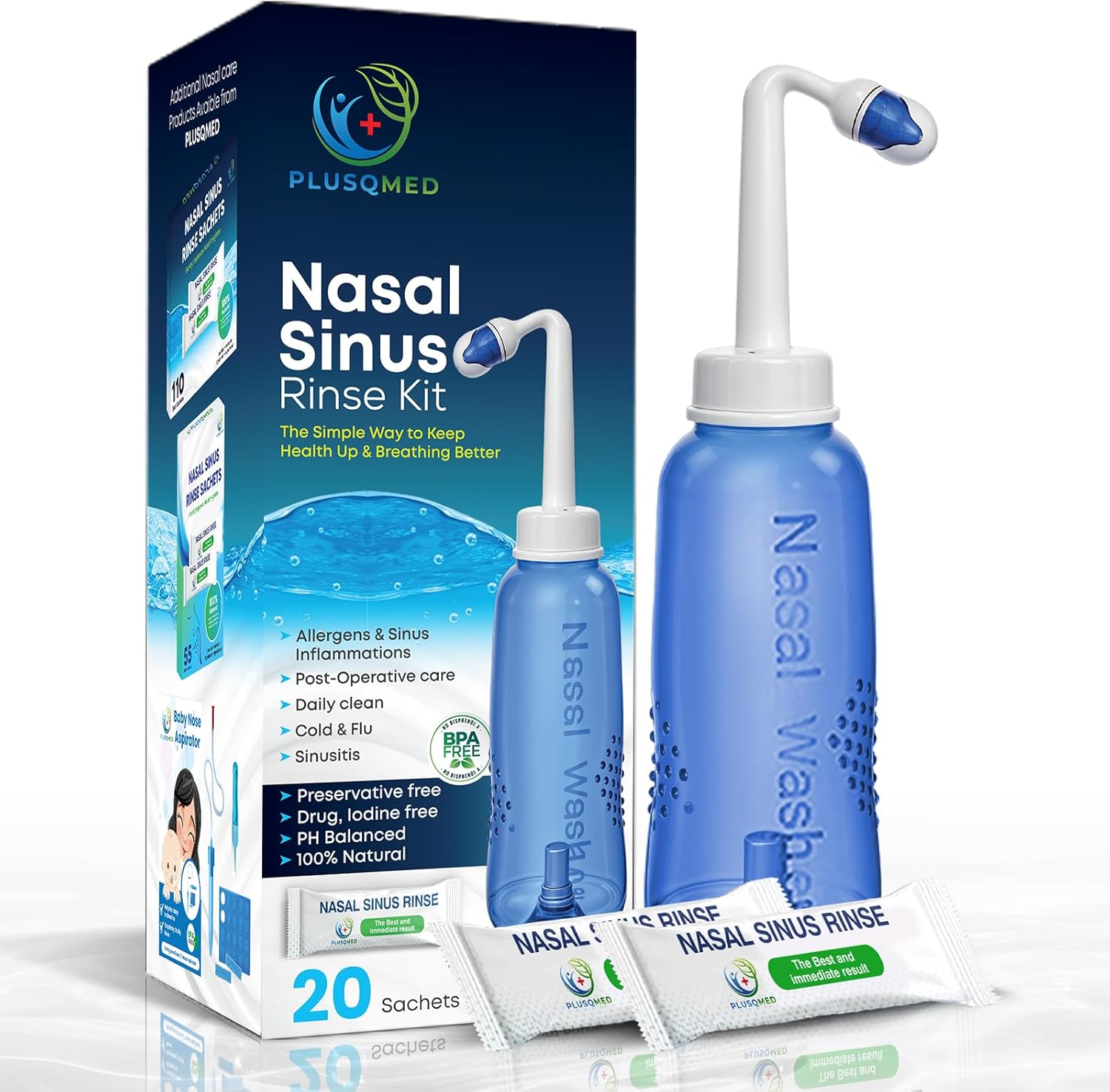 Nasal Rinse Kit – 300ml Bottle + 20 Saline Packets – Neti Pot for Sinus Relief & Nasal Hygiene – PH Balanced, Drug-Free, Preservative-Free – Suitable for Adults & Children 5+