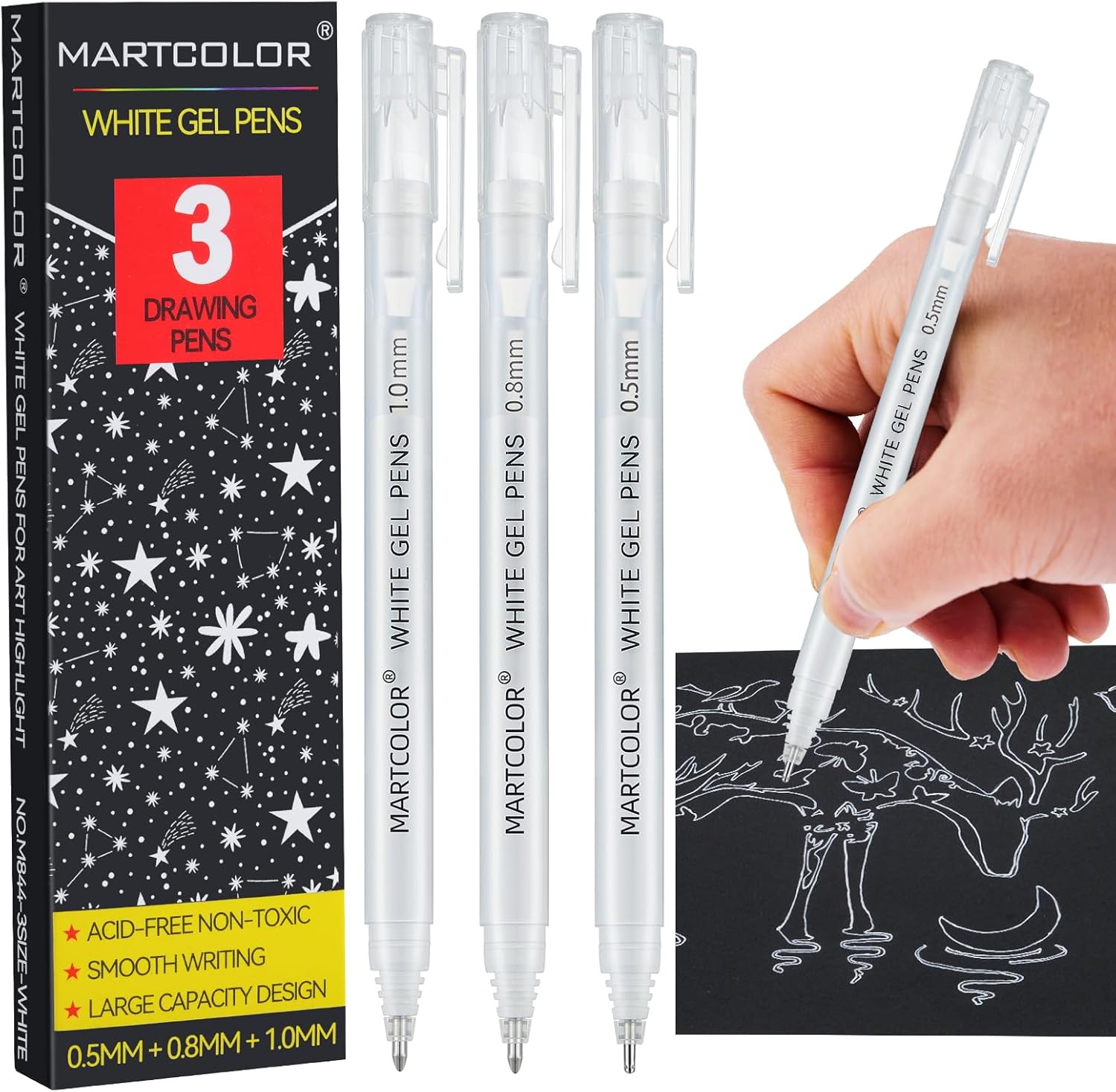 White Gel Pens, 05/08/10mm Assorted Tip Opaque Archival Ink Pen for Journaling, Art, or Drawing - For Holiday Gifts & DIY Projects, White Gel Pens for Art Highlight, 3 Pack