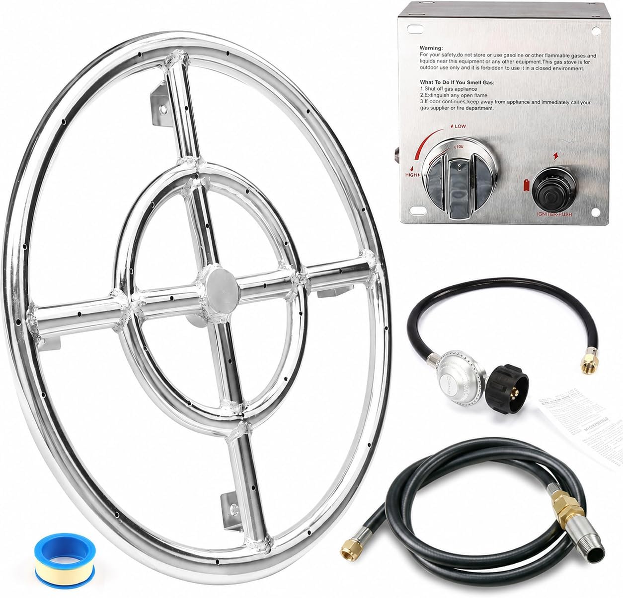 GRISUN 12 Inch Fire Pit Burner Ring Kit, DIY Round Gas Fire Pit Kit
