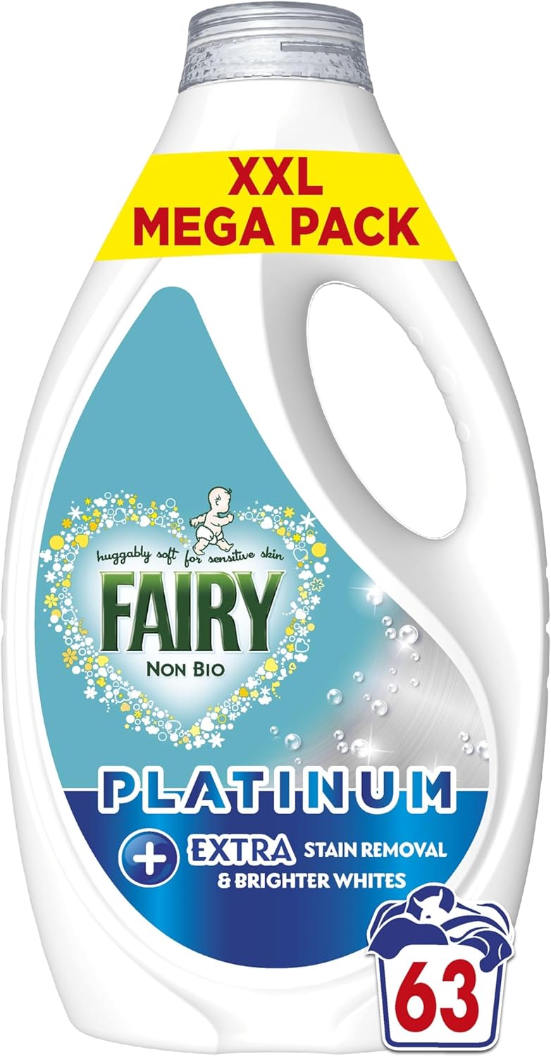 Fairy Non Bio Washing Liquid, 63 Washes, 1.953l, Platinum, With Extra Stain Removal and Brighter Whites, For Sensitive Skin