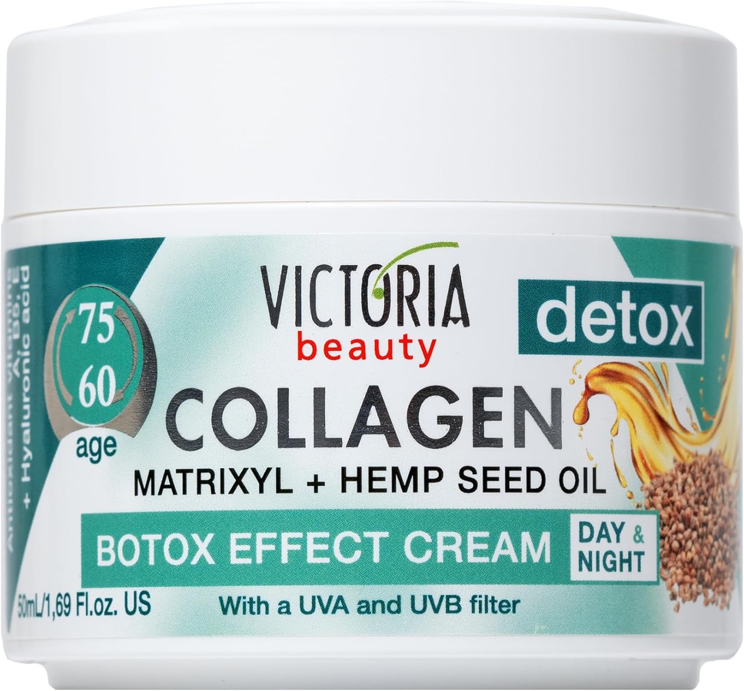 Victoria Beauty Anti Wrinkle Face Cream (Age 60-75) - Day and Night Face Moisturiser with Collagen, Hyaluronic Acid, Matrixyl, Hemp Seed Oil - UVA/UVB Filter, 50ml