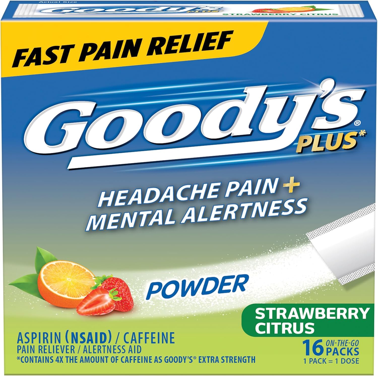 Goody's Headache Relief Plus Mental Alertness Powder, Strawberry Citrus Flavor Aspirin and Caffeine Powder, Pain Relief Dissolve Packs, 16 Count