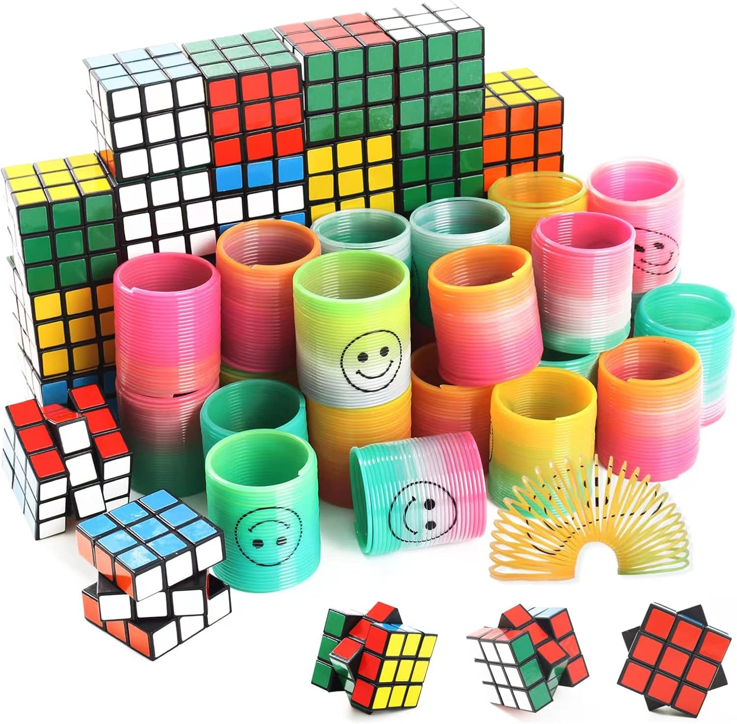 48 Pieces Party Favors for Kids, Pieces of Mini Smiley Springs and 3x3 Puzzle Magic Cube Party Favors for 3-12 Year Old Boys Girls Party Favors Supplies for Kids, Prizes Box Anxiety Toys for Classroom