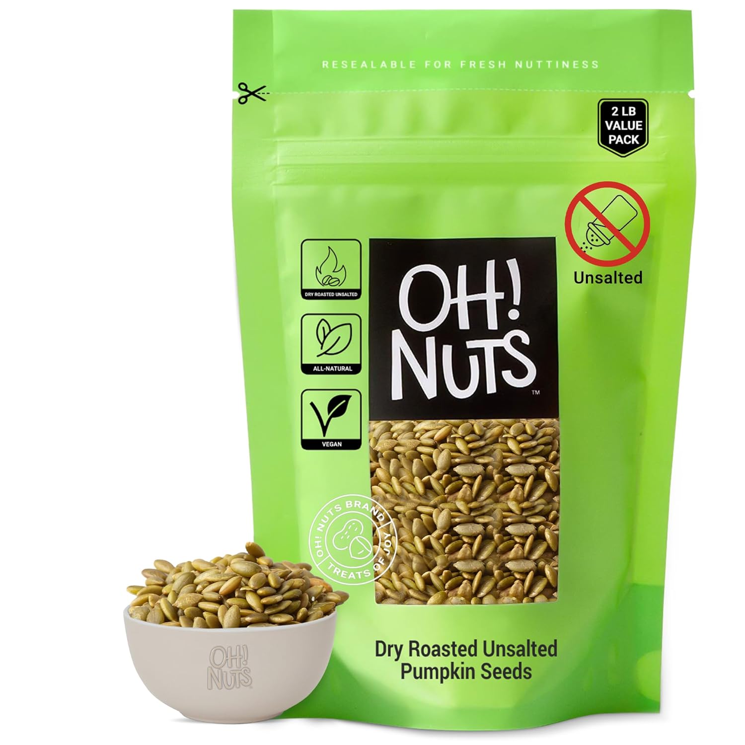 Oh! Nuts Pumpkin Seeds - Dry Roasted Unsalted - 2 lb - All-Natural Protein Power Unshelled Pepitas - Packed in New York Zip-Seal Bag for Exceptional Freshness