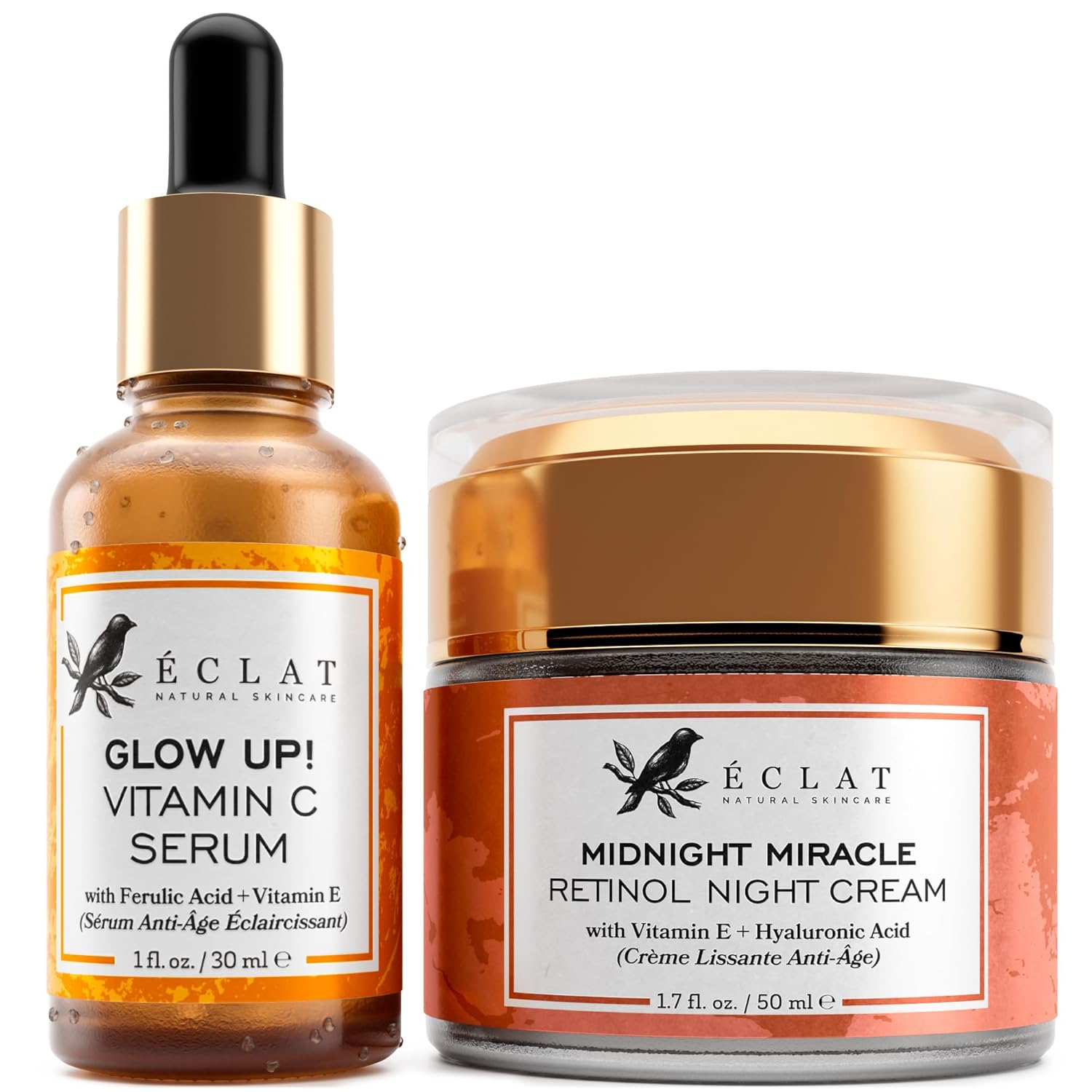 Eclat Skincare Youthful Glow Night Duo - 2.5% Retinol Night Cream 1.7 fluid ounce and Vitamin C Serum 1 fluid ouncefor Hydrating, Firming and Brightening Skin