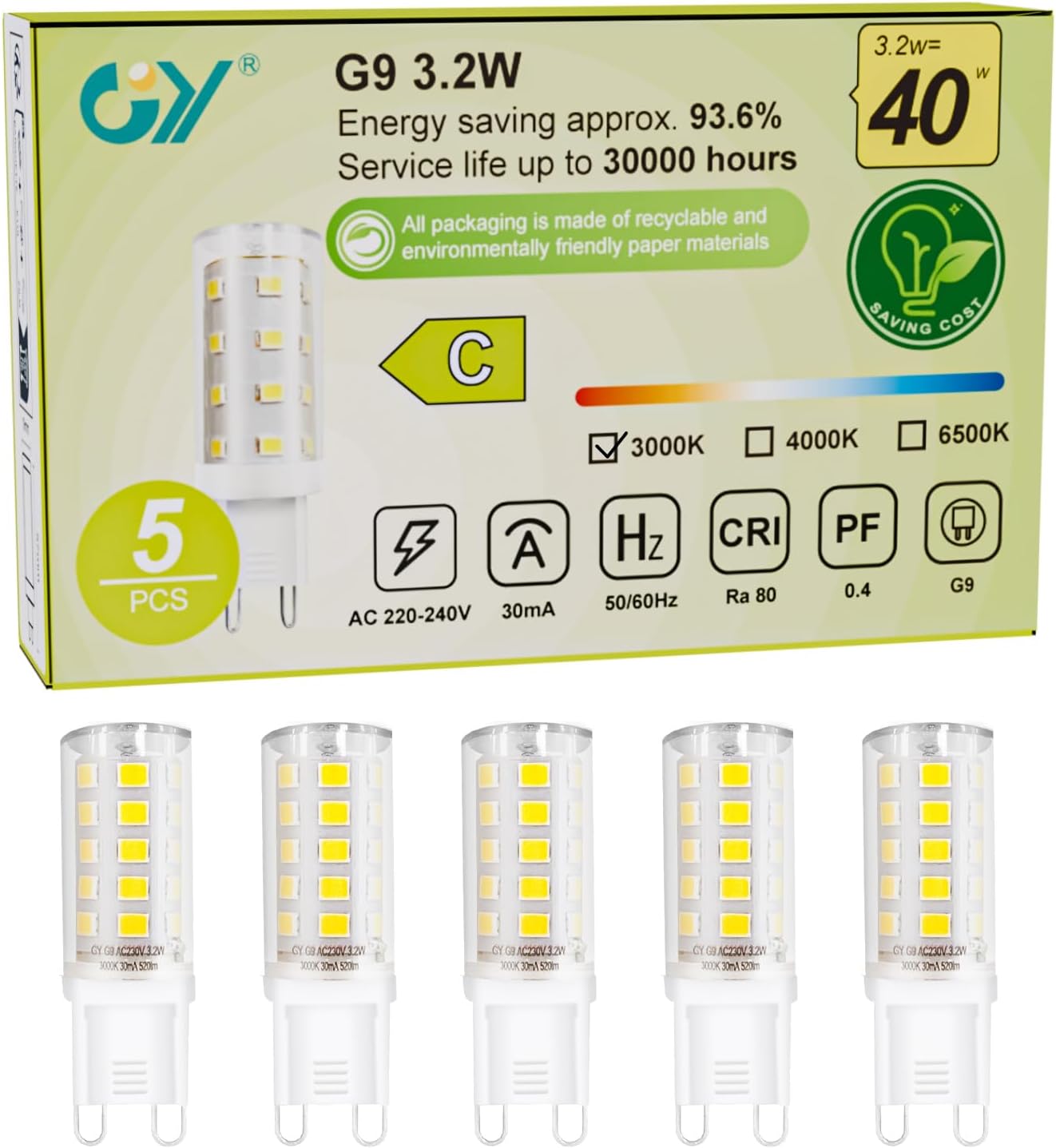 GY G9 LED Bulbs,3.2W Warm White 3000K Energy Saving Light Bulbs，Equivalent to 40W Halogen，520 Lumen No Flicker, Not Dimmable for Home Lighting Decor,5 Pack