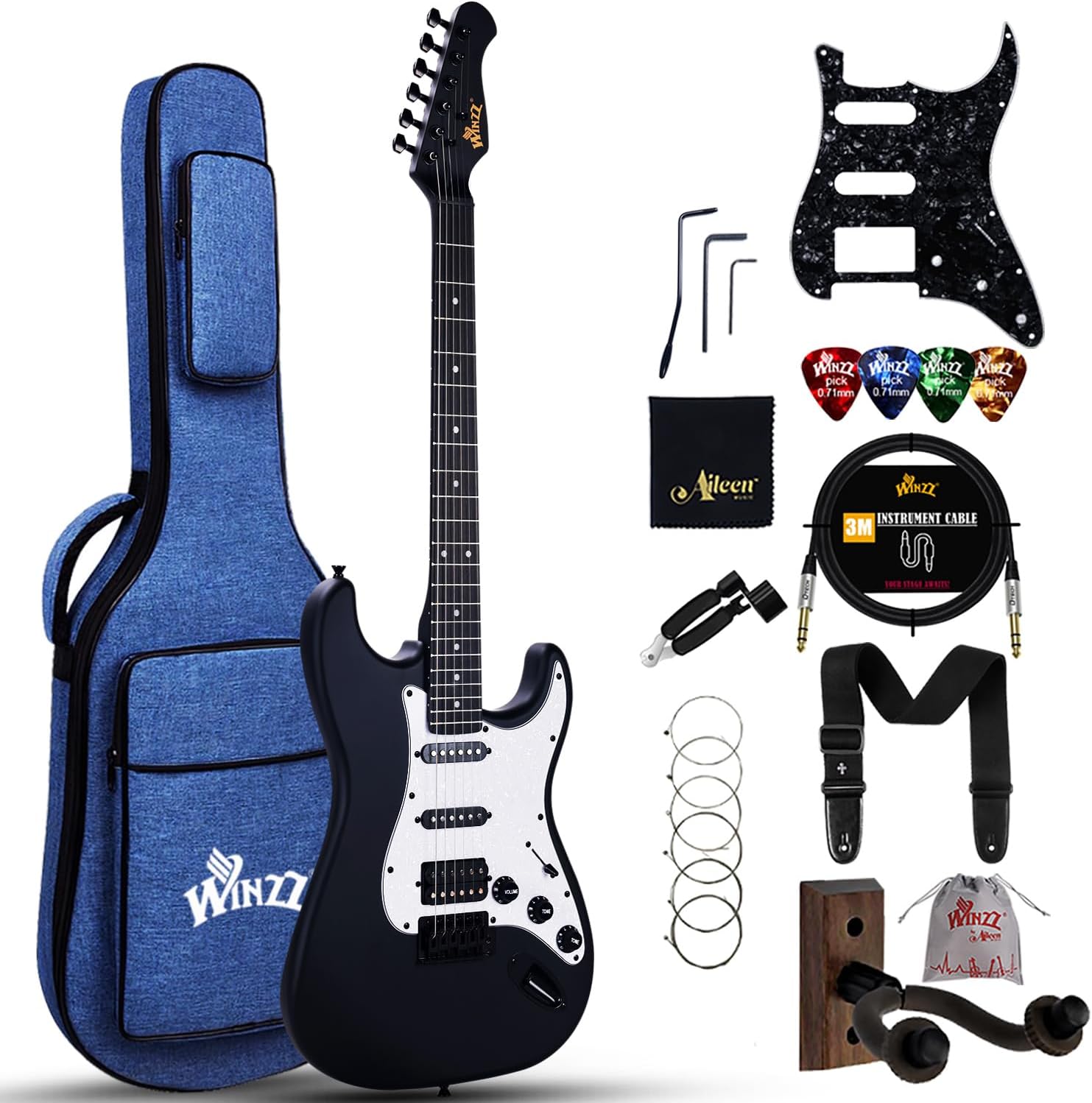 Winzz Adult Electric Guitar 4/4 Full Size, HSS Pickup, Guitar Electric ST for Beginners Starter Pack with 12 Accessories, Ideal Kids Electric Guitar Kit 12+ Years (39" Matte Black, White Pickguard)
