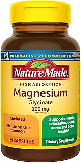 Nature Made Magnesium Glycinate 200 mg per Serving, Magnesium Supplement for Muscle, Heart, Nerve and Bone Support, 60 Magnesium Bisglycinate Capsules, 30 Day Supply