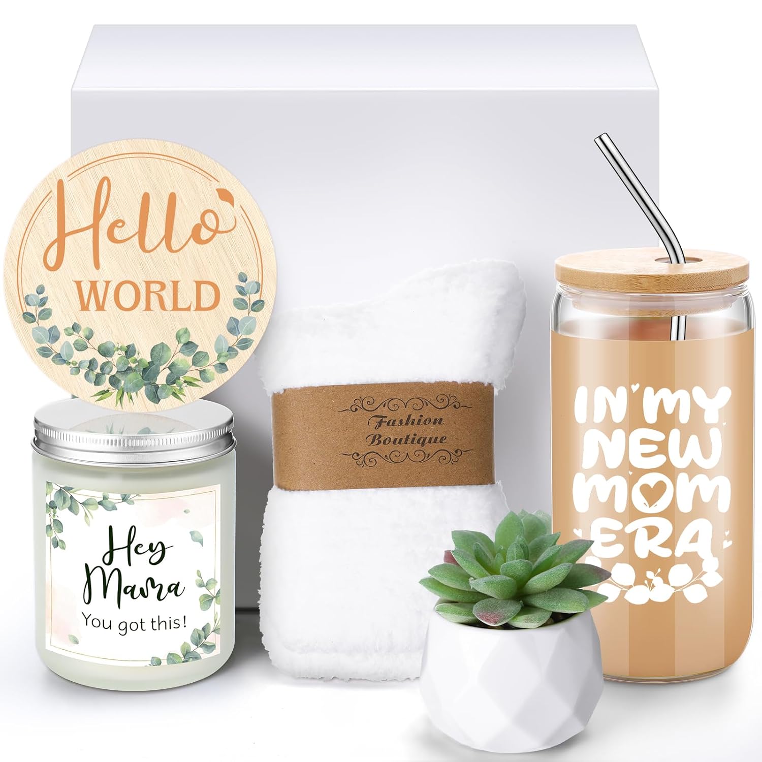 Honeydak New Mom Gifts for Women, Green Leaf Theme Pregnancy Gifts for Expecting Mother, New Mom Care Package After Baby Basket Essentials, Congrats on Postpartum Present with 16 oz Mama Glass Cup