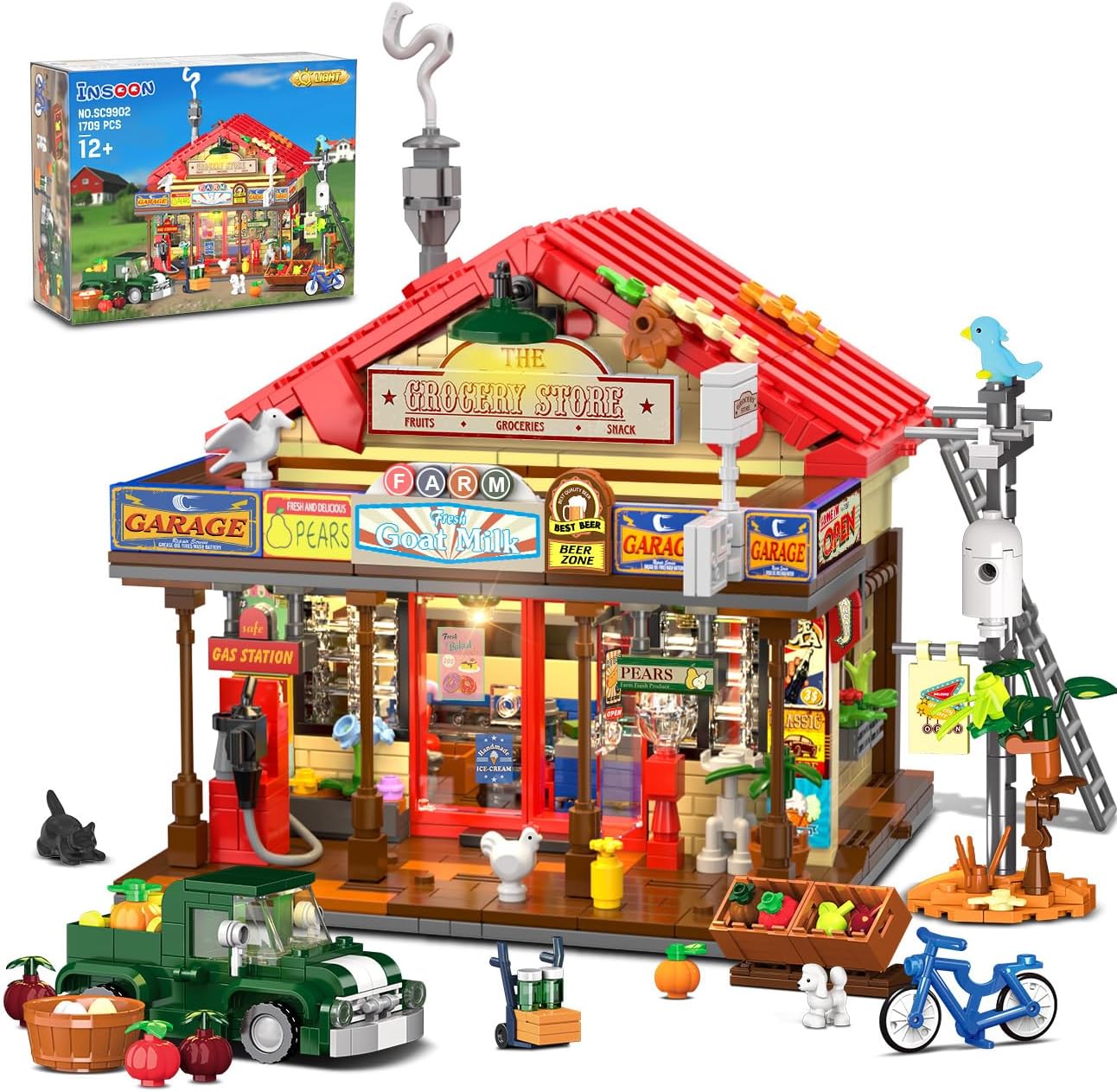 Country General Store Building Set for Adults with Lights, 1709 PCS Vintage Shop House Construction Building Block Kit, Home Decor Cabin Architecture Model for Women Men Teens Boys Girls 12+