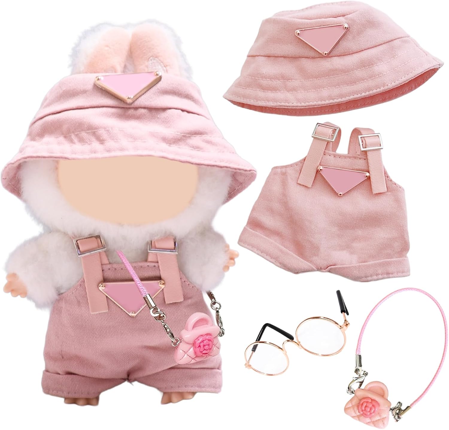 3 Pcs Doll Cloth Compatible with Labubu 17cm Plush Dolls, Pink Set Include 1 Leggings 1 Fisherman's hat 1 Handbag 1 Glasses for Dolls Premium Outfit Birthday Holiday Present for Girls Kids (No Doll)