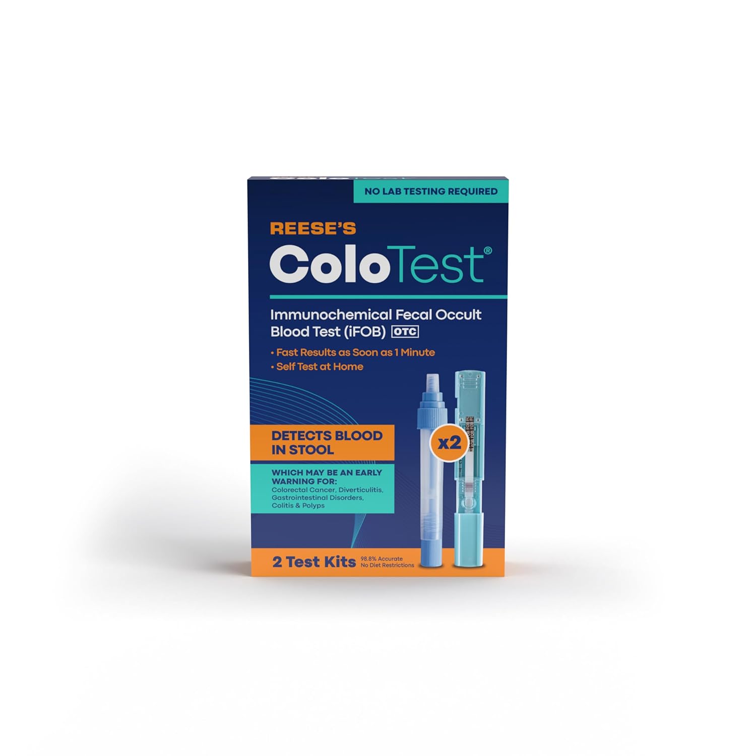 Reese's ColoTest, FIT Immunochemical Fecal Occult Blood Test Kit at Home, 2 Ct, Easy to Use Colon Health Screening, Detects Hidden Blood in Stool, 1-Minute Results, 98.8% Accurate