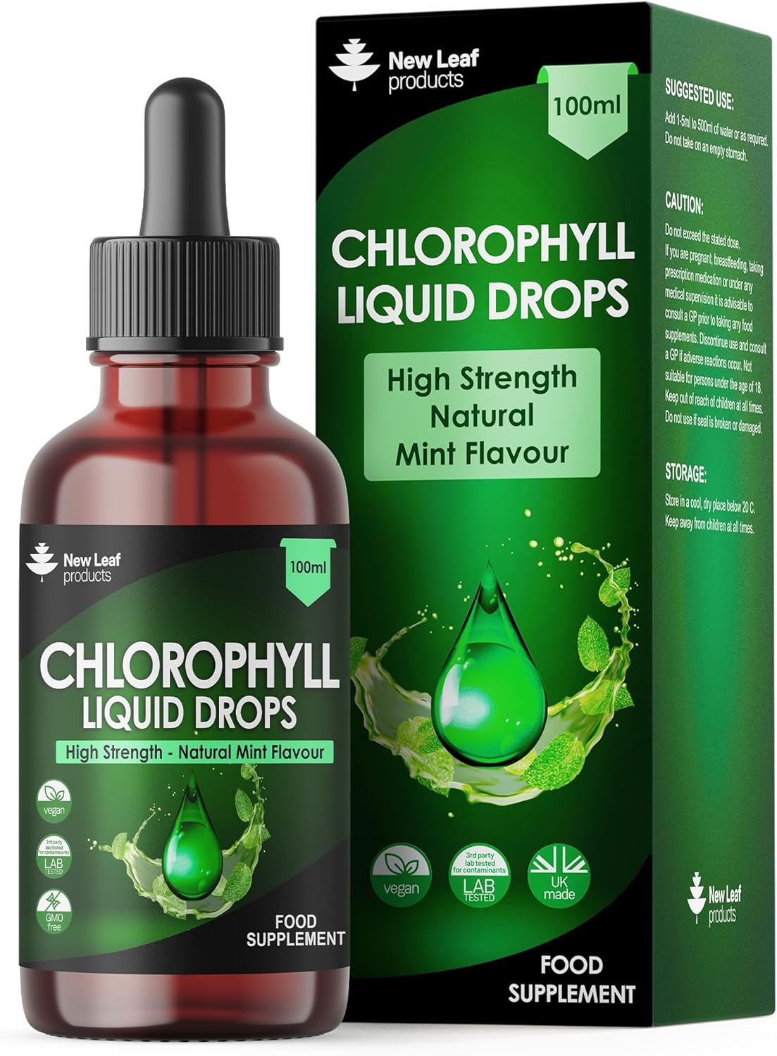 Liquid Chlorophyll - Chlorophyll Drops for Water 100ml for 100 Servings - High Strength 100mg Chlorophyll Liquid Drink - Made in UK by New Leaf Products