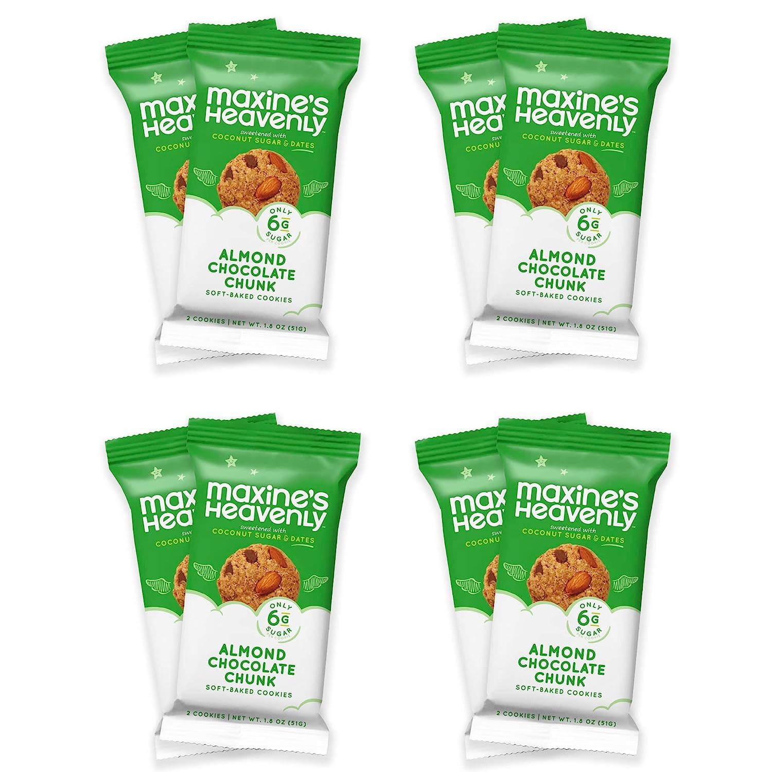 Maxine's Heavenly Gluten Free Cookie Packs - Soft Baked Almond Chocolate Chunk | Healthy Cookies Individually Wrapped | Vegan, Non GMO, Sweetened Naturally | 2 Pack (8 count)