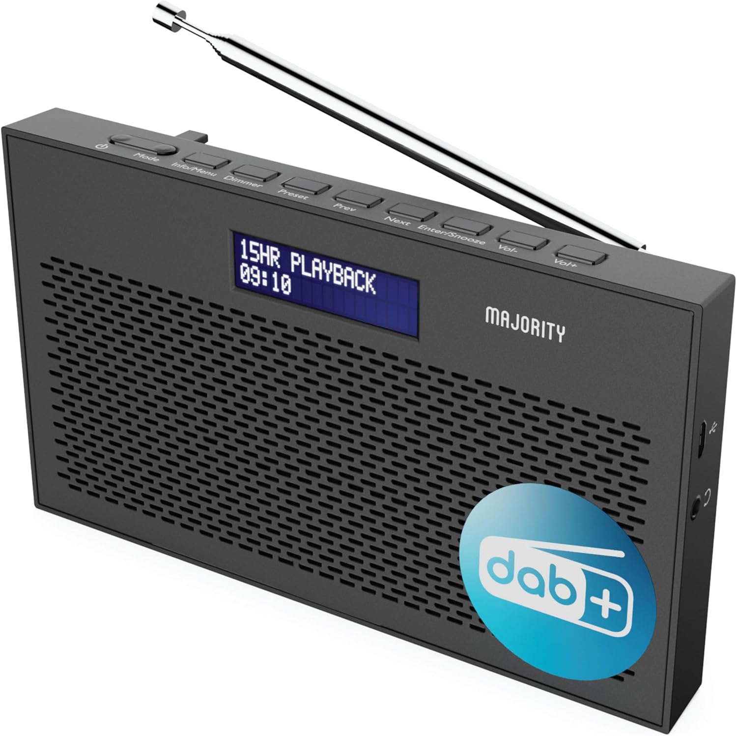 Portable DAB/DAB+ Digital Radio | 15H Battery and Mains Powered | Kitchen FM Radio, 20 Presets | LED Display, 3.5mm Headphone Jack | Dual Alarm with Sleep Timer Function | MAJORITY Histon (Black)