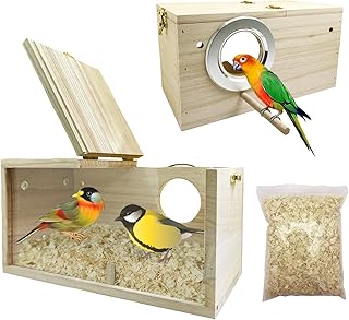 Parakeet Bird Nesting Box, Transparent Bird Breeding Nest with Wood Chips, Nidos para Pajaros Periquitos for Parrot Parakeet Cockatiel Lovebirds Budgie Conure & Small Birds (Size:9.4 * 5.1 * 5.1 Inch)