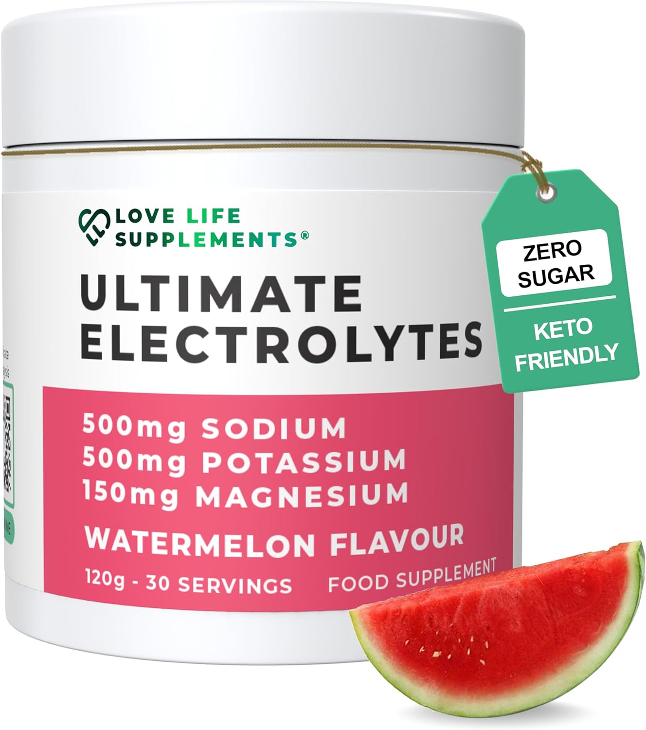 Ultimate Electrolytes Powder, 500mg Sodium, 500mg Potassium, 150mg Magnesium, 120g - 30 Servings, Pink Himalayan Salt for Hydration, Watermelon Flavour, Sweetened with Stevia - Love Life Supplements