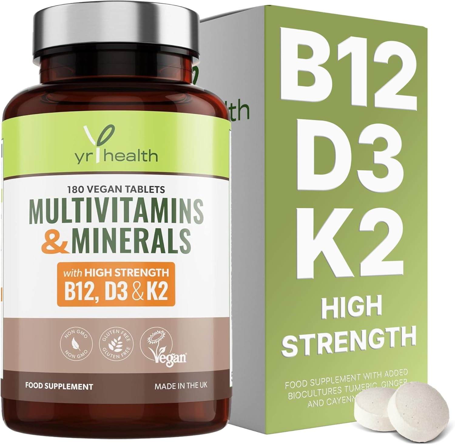 Vegan Multivitamins & Minerals with Vitamin B12, D3 & K2, Zinc and Iron, 180 Vegan Society Registered Tablets for Men and Woman, 6 Month Supply - Made in The UK by YrHealth
