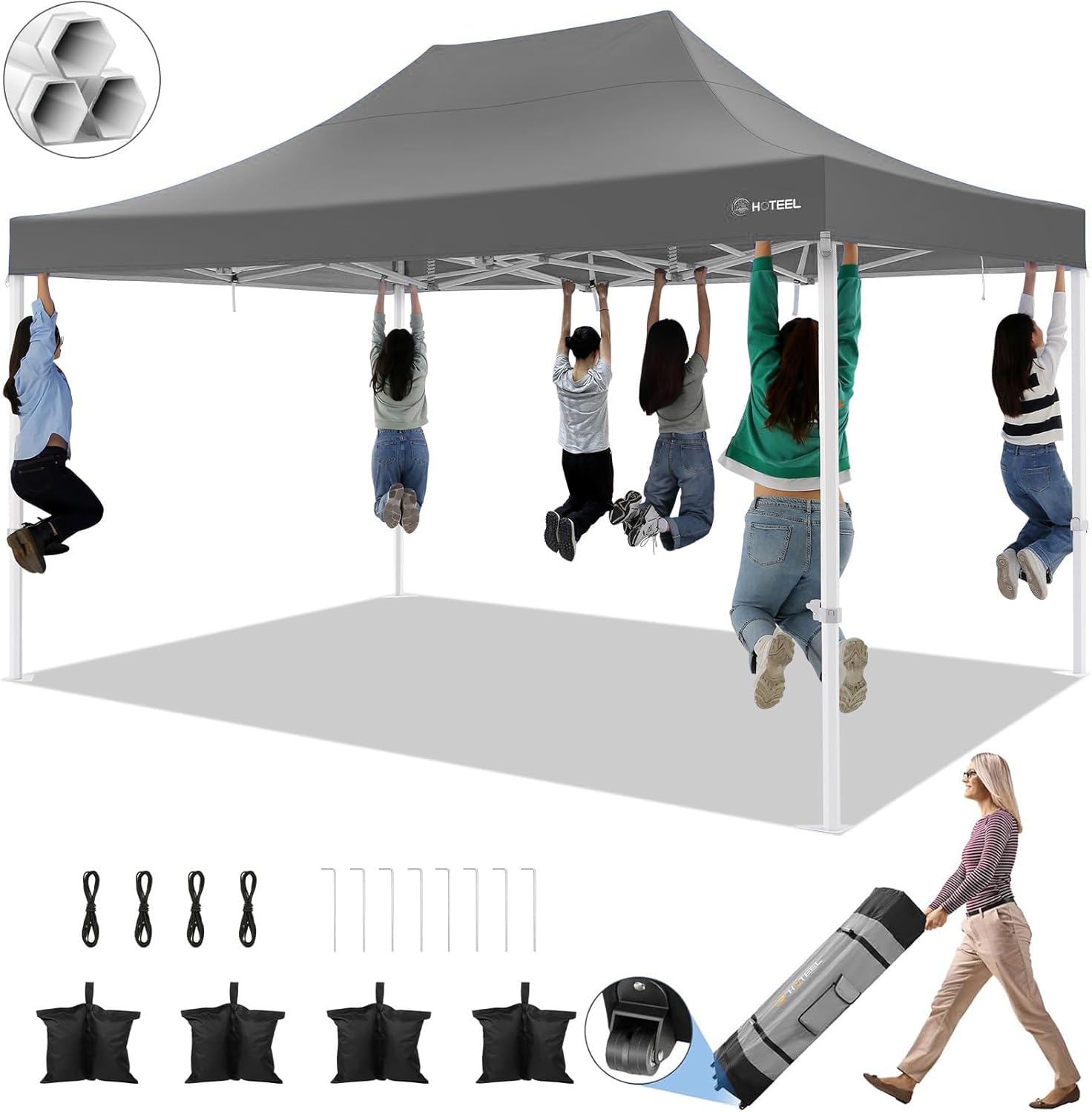 HOTEEL 10x15 Pop up Canopy Tent for Parties, Heavy Duty Easy Setup Tent Without Sidewalls, Outdoor Commercial Instant Gazebo for Wedding Event, with Roller Bag & Sand Bags, Grey(Hexagonal Frame)