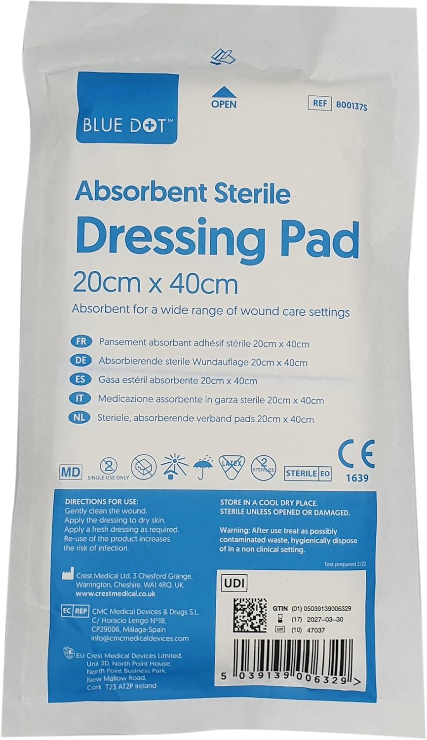 Blue Dot Sterile Absorbent Dressing Pads 16-Pieces, 20cm x 40cm Size