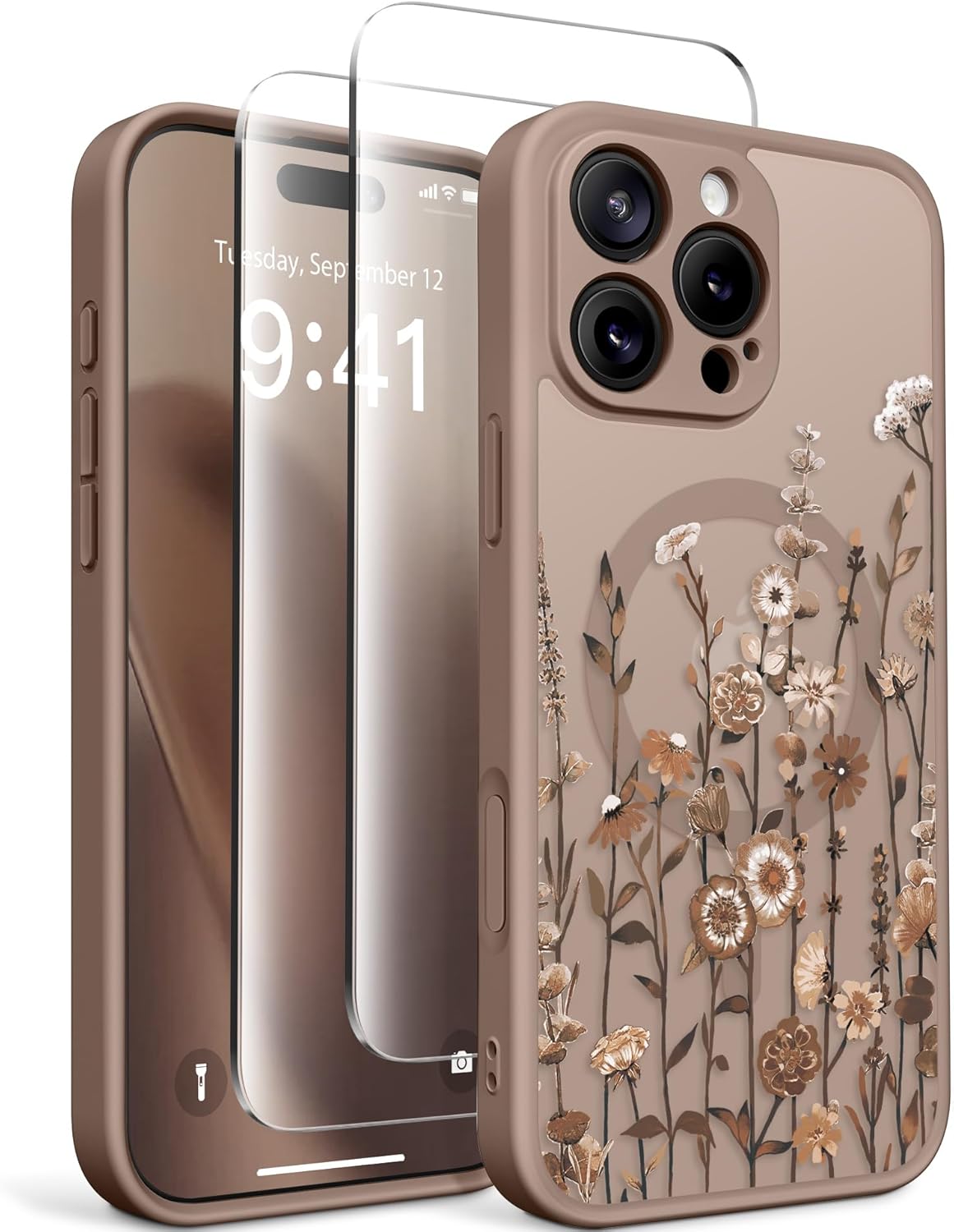 GVIEWIN for iPhone 16 Pro Case Compatible with MagSafe, [Military Grade Protection] [2X Screen Protector] Full Camera Protection Floral Translucent Women Magnetic Phone Case, Floratopia/Brown